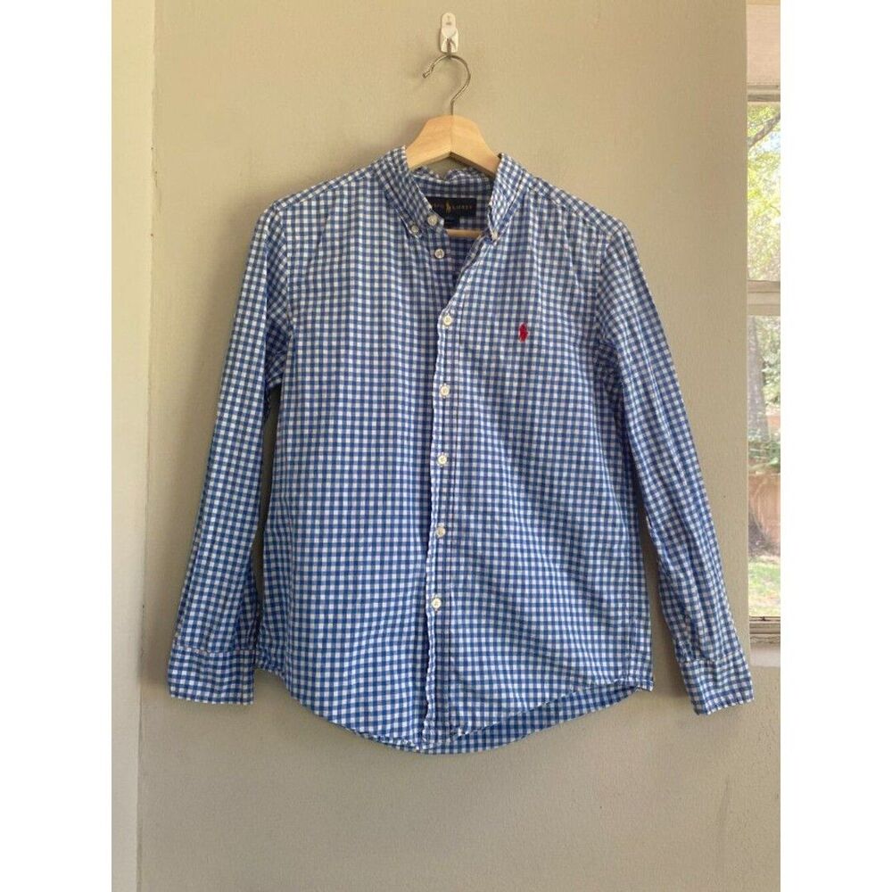 Ralph Lauren Boys Blue White Gingham Button Down Shirt L 14-16
